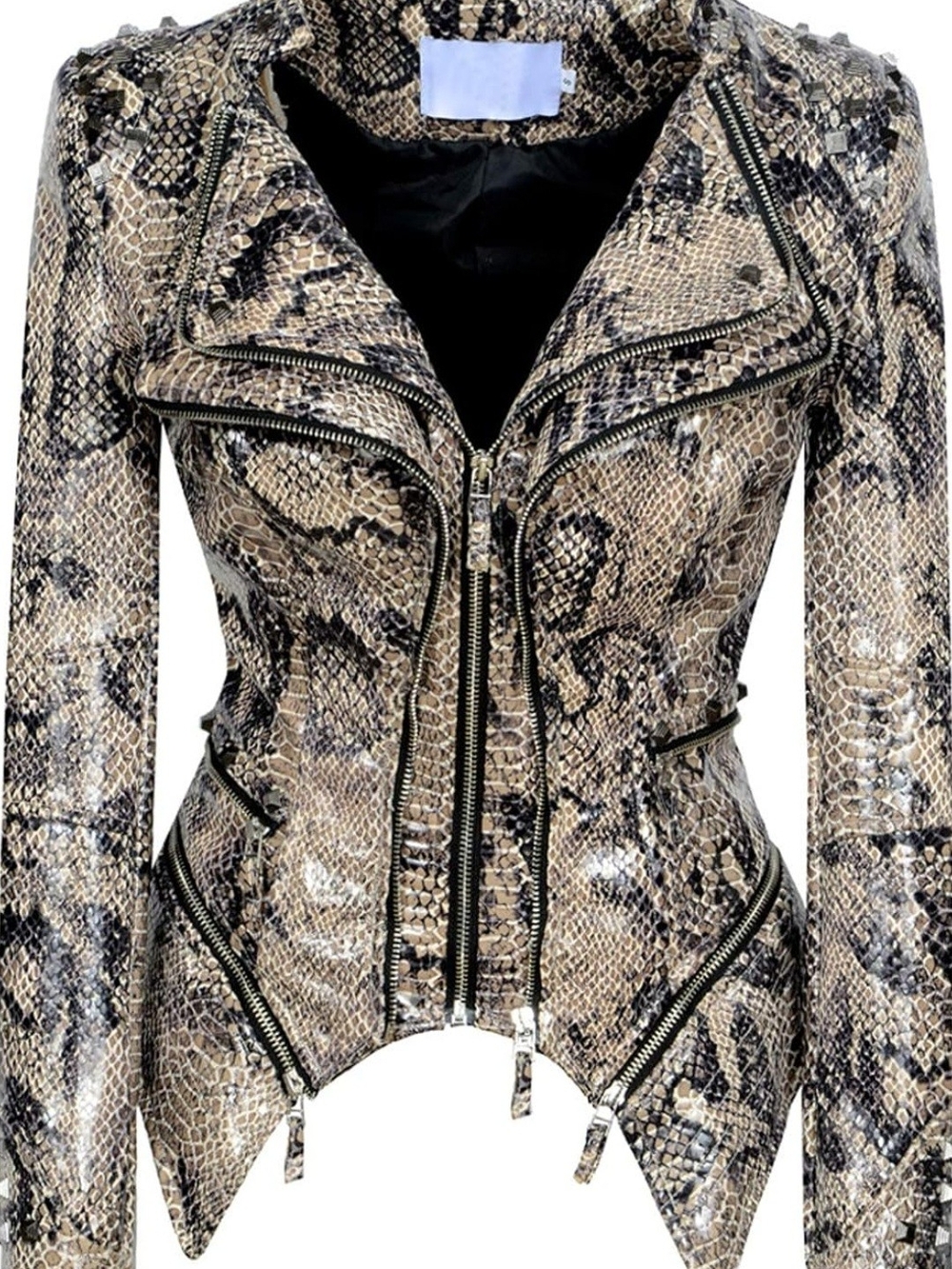 Faux Snake-Print Moto Jacket in Beige and Black